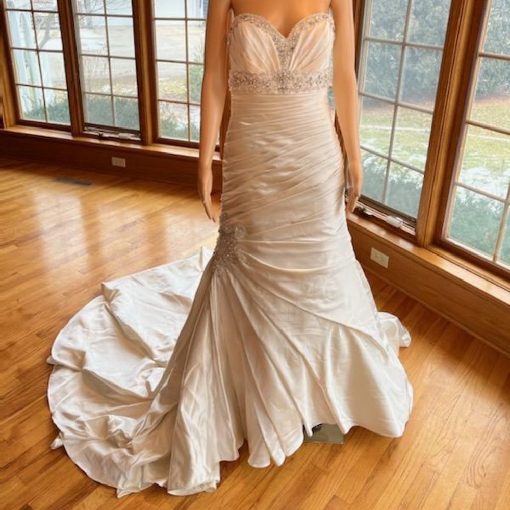 Mori Lee Ivory Satin Strapless Empire Waist Bridal Gown Wedding Dress Size 12